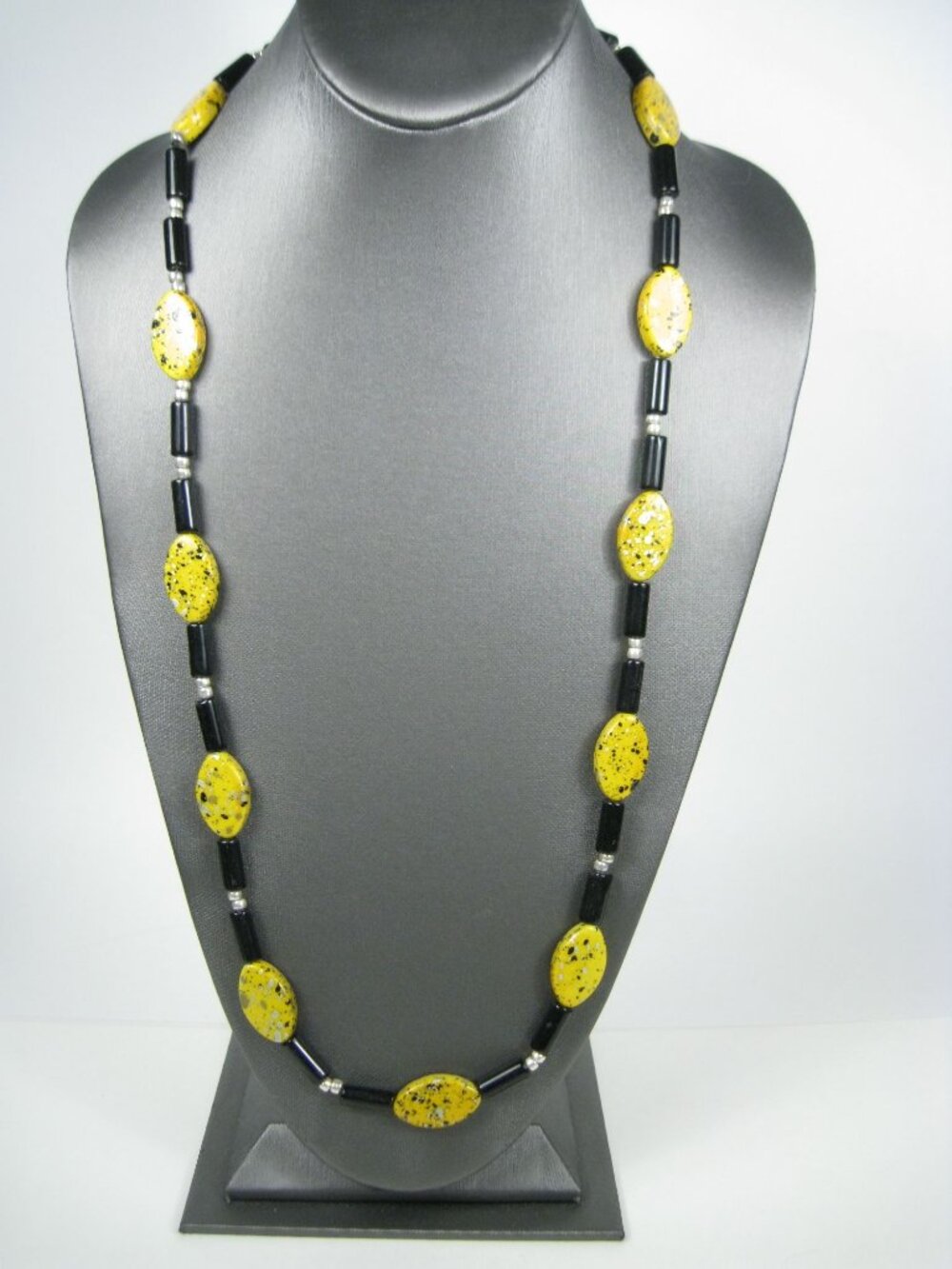 Long Yellow Speckled Oval Bead Necklace Handmade Silver Tone Beaded 32 in Long